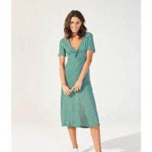MP|C Mink Pink Hey Now Green Striped Midi Dress Twist Front M